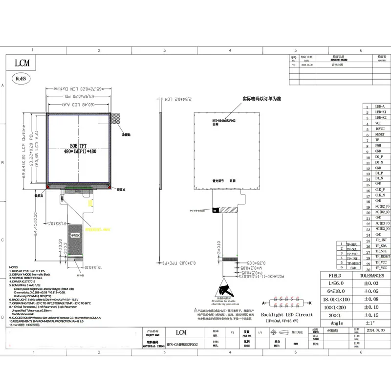 3.4 inch square IPS LCD display with 480x480 resolution, MIPI interface, 450 nits brightness and wide viewing angle