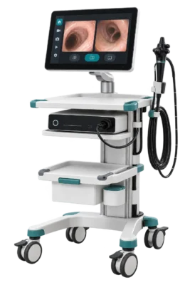AI-generated airway visualization workstation with a 13.3 inch display, transparent background