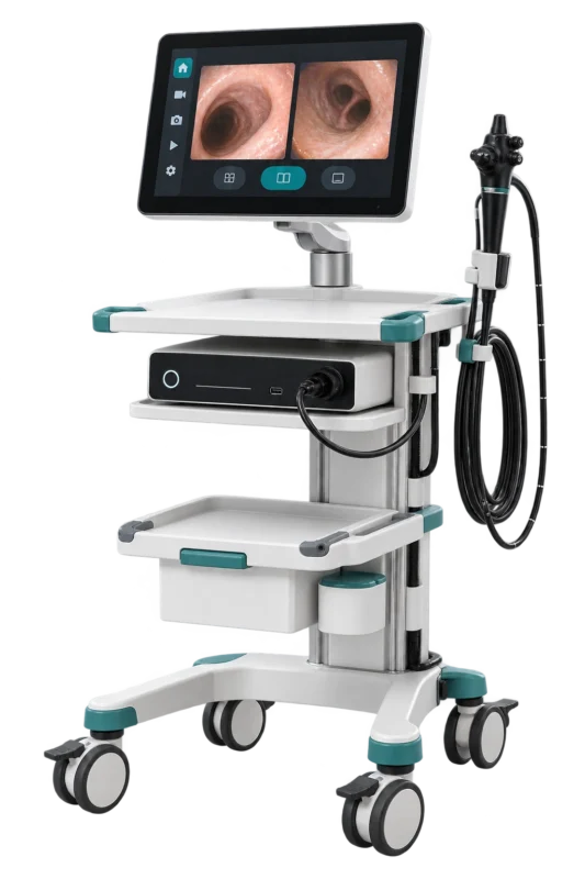 AI-generated airway visualization workstation with a 13.3 inch display, transparent background