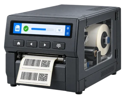 AI-generated industrial label printer with an 8.88 inch horizontal bar display