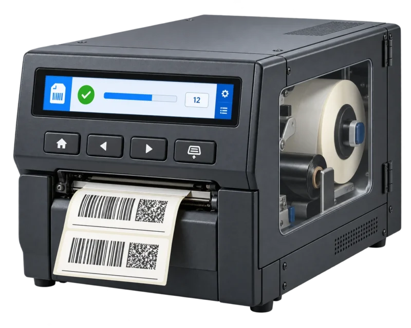 AI-generated industrial label printer with an 8.88 inch horizontal bar display