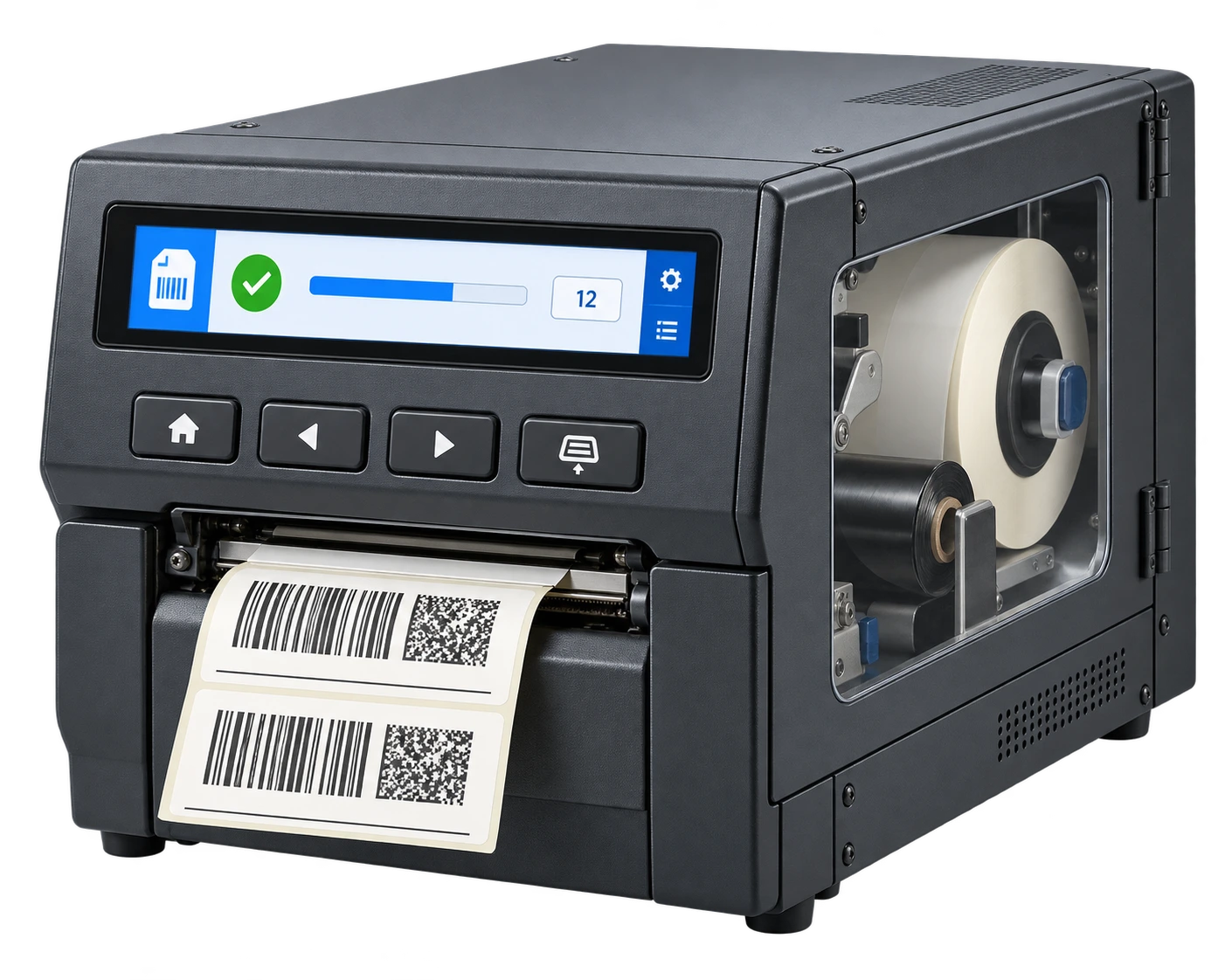 AI-generated industrial label printer with an 8.88 inch horizontal bar display