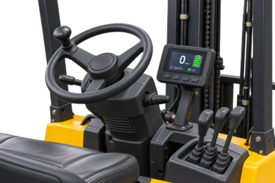 AI-generated electric forklift operator station with a 5-inch instrument display