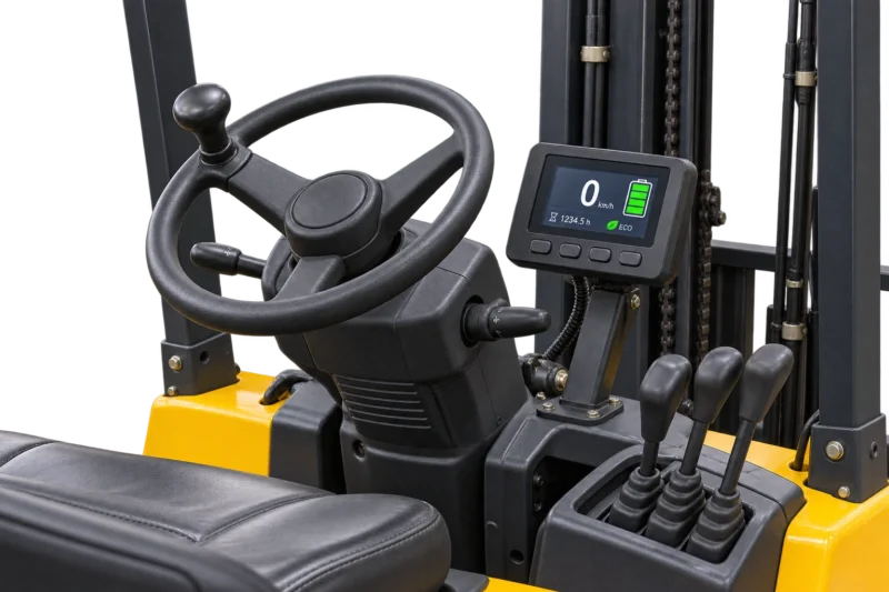 AI-generated electric forklift operator station with a 5-inch instrument display