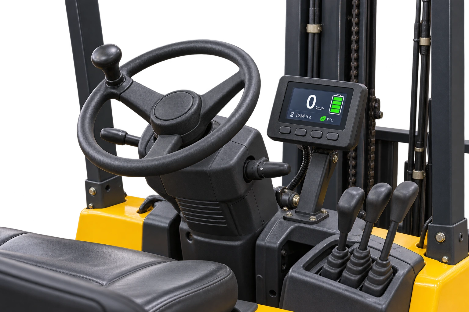 AI-generated electric forklift operator station with a 5-inch instrument display